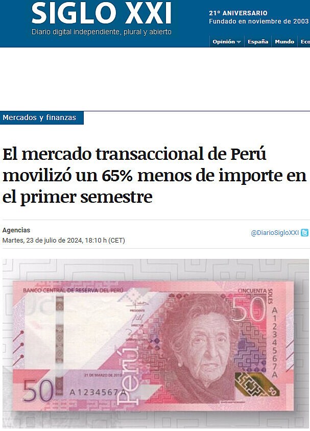 El mercado transaccional de Per moviliz un 65% menos de importe en el primer semestre